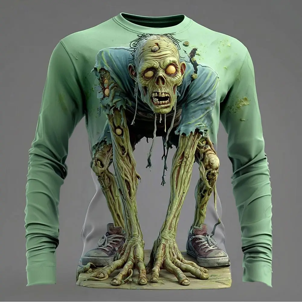 Men's 3D Horror Zombie Print Long Sleeve Shirt Scary Skeleton Monster Graphic Crew Neck Top Halloween Streetwear Casual