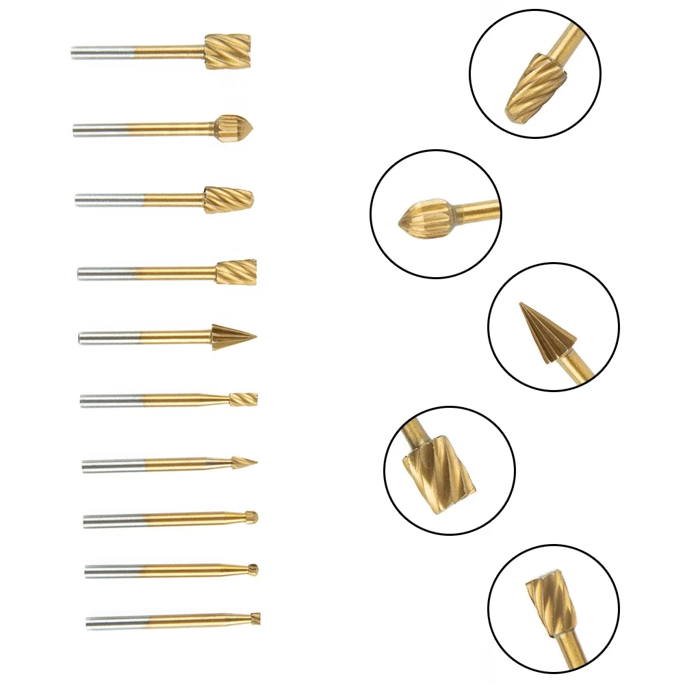 Carbide Rotary Burr Set 10pcs 1/4 Cutter Diameter, 1/8 Shank Length Suitable for Engraving, Carving, Notching, and More