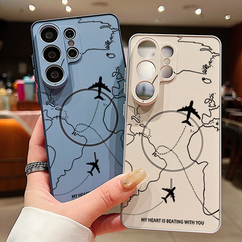 Magnetische Handyhülle mit Flugrouten-Muster für Samsung Galaxy S26 S25 S22 Ultra Edge S24 S23 FE A17 A56 A37 A16 A55 A15 A36 A55 Cover