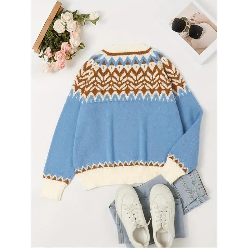 Women's Colorblock Geometric Print Raglan Sweater Spring 2026 Knitted Fashion Ladies' Top Casual Wear