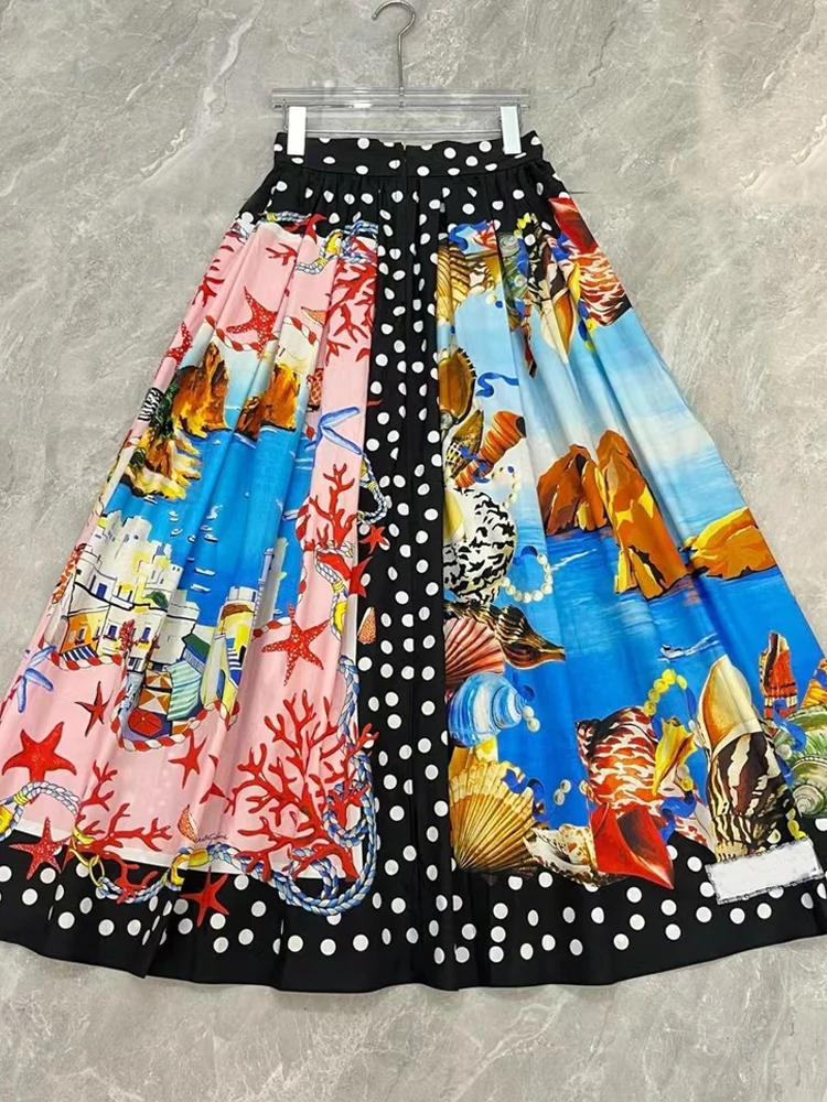 AELESEEN Runway Fashion 100% Cotton Skirt Women Summer Sicilian Flower Dots Shell Conch Printed Elegant Long Poplin Party