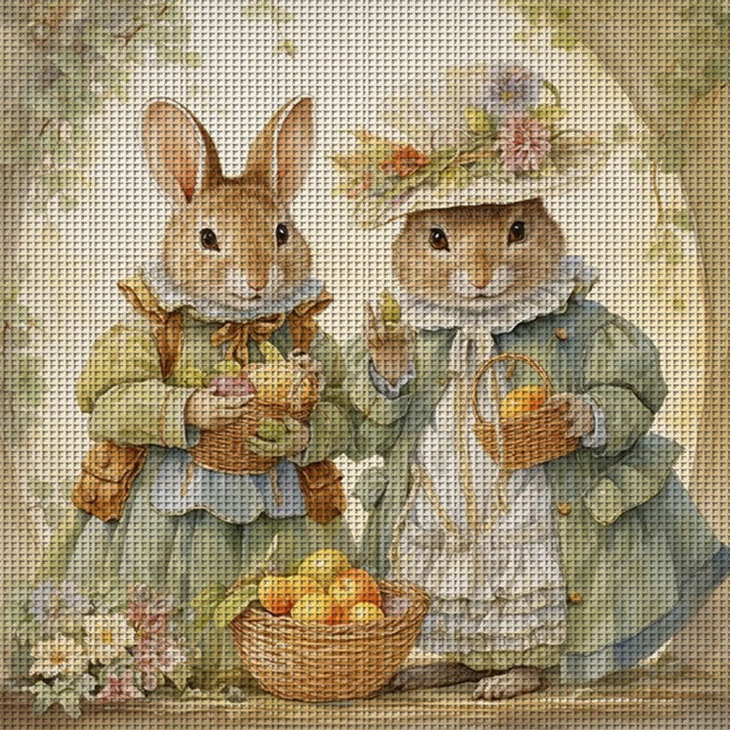 1PC 46X46cm/18.11X18.11inch, 11CT Print Cross Stitch DIY Kit, Cottagecore Bunny, Adult Beginner's Relaxed Cross Stitch Set