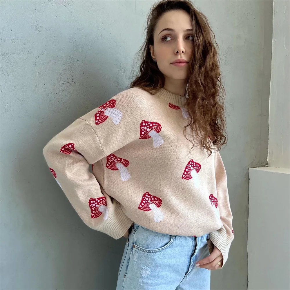 

2026 New Women's Long Sleeve Plus Size Tops Loose Casual Street Pullovers Fashion Mushroom Graphic Print Sweater Clothing Trend