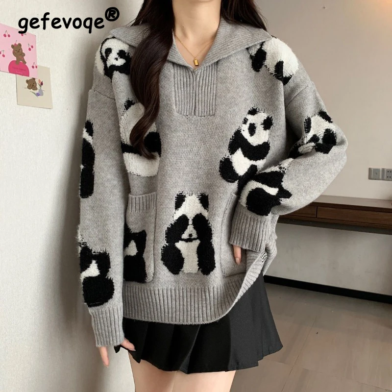 Women Funny Cute Cartoon Panda Jacquard Chic Knitted Sweater Autumn Winter Casual Streetwear Y2K Long Sleeve Loose Pullover Tops