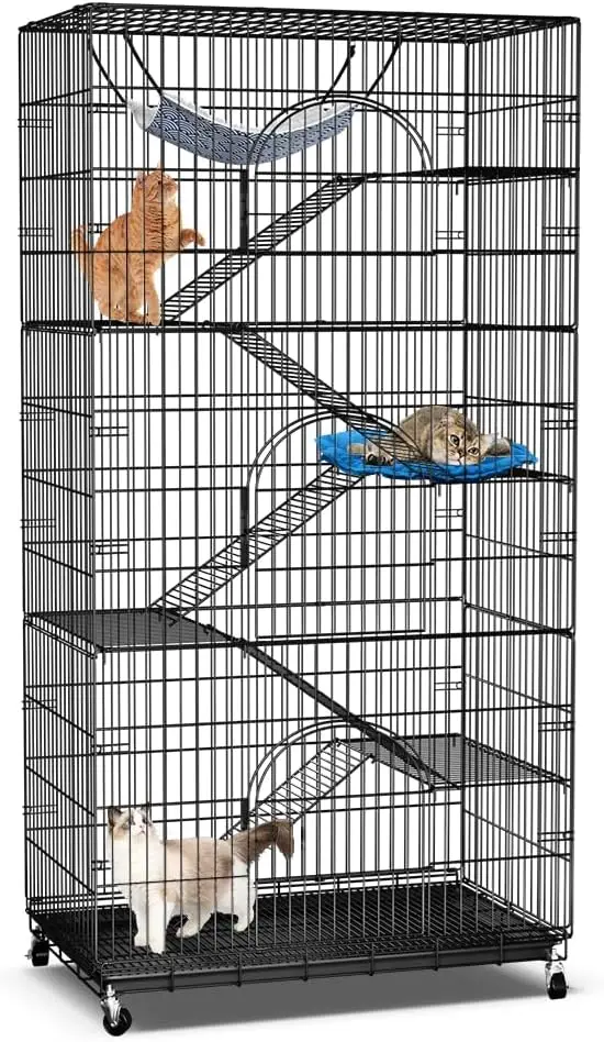 6-Tier Large Cat Cage Playpen, 72-inch Indoor/Outdoor Enclosure with 3 Doors, Hammock, Suitable for Cats, Kittens, Ferrets, and