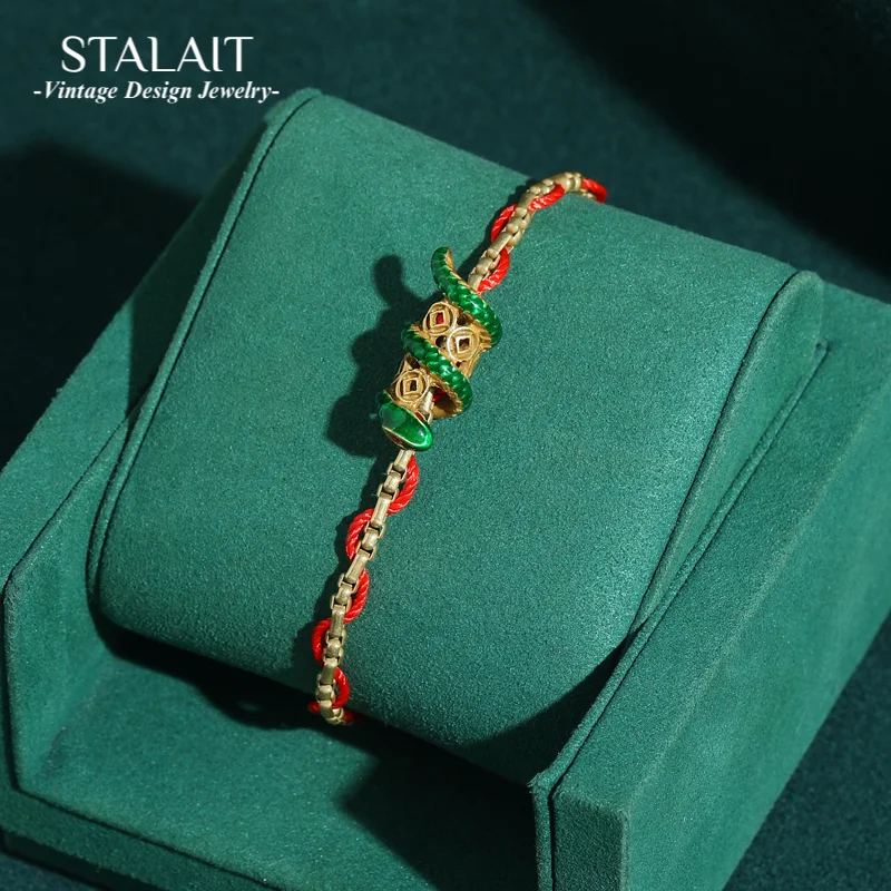 

Vintage Red String Bracelet Goodluck For Woman Antique Gold Color Chinese Style Coin Green Snake Charm Accessories Gift 2025