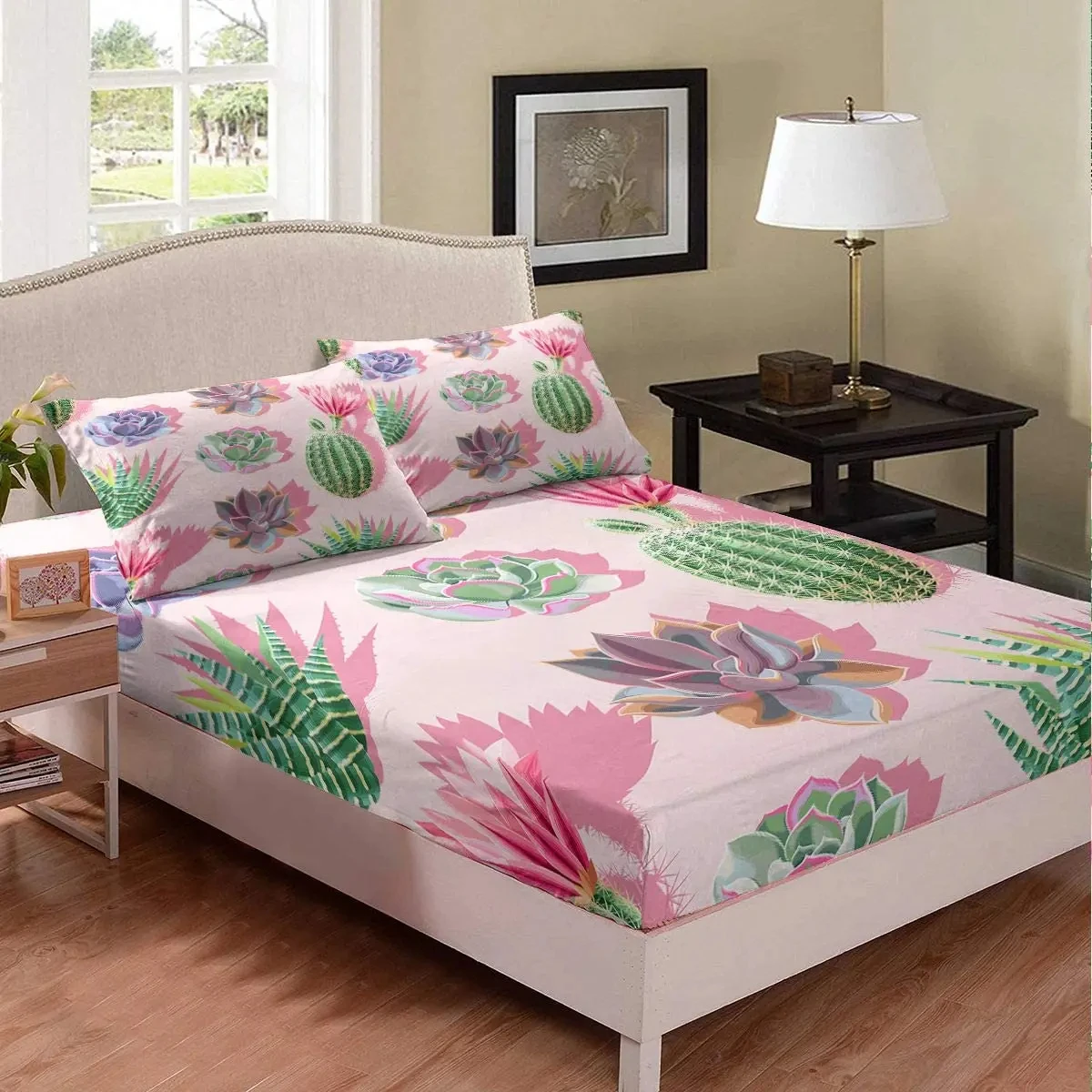 Cute Cactus Bed Sheet Set for Girls Kids Bedroom Gift Child Boho Succulent Fitted Sheet Tropical Botanical Pattern Bedding Set