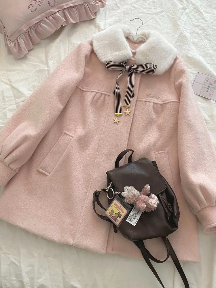Japanese Preppy Style Loose Long Sleeve Woolen Cloth Coat Women Fashion Designer Elegant Kawaii Sweet Overcoat Vintage Clothes