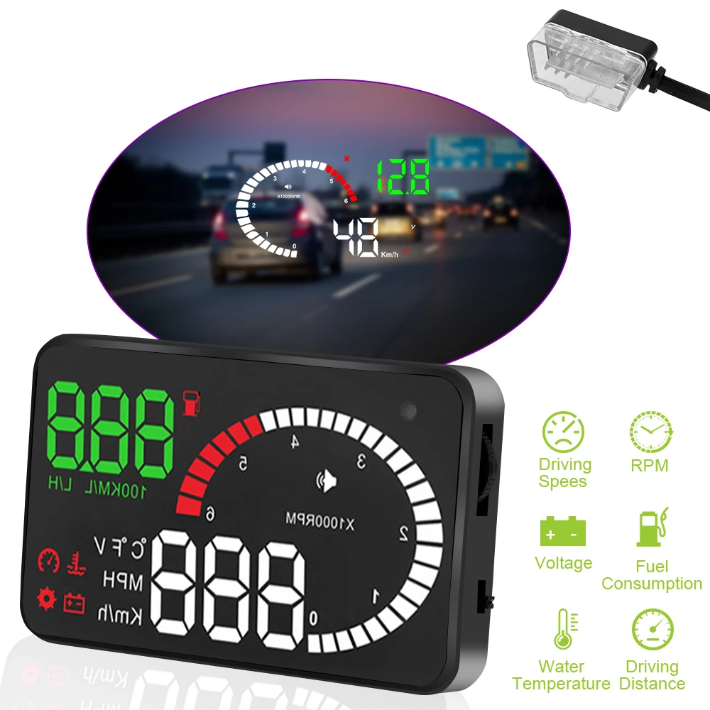

5.5" A8 OBD2 HUD Car Head Up Display Voltage Alarm Data Diagnostic Tool LED Windshield Projector 4" X6 Speed Fuel Warning