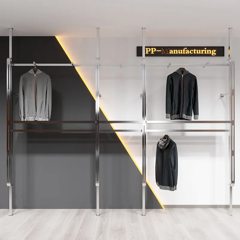 Clothing store display rack, wall column, fixed up and down, stainless steel clothes rack, special display rack for men's