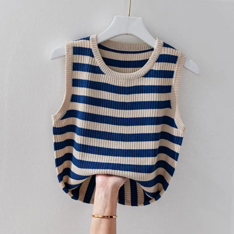 Summer Women's Clothing Pullover Screw Thread Round Neck Contrast Color Striped Casual T-shirt Fashion Trendy Classic Tops