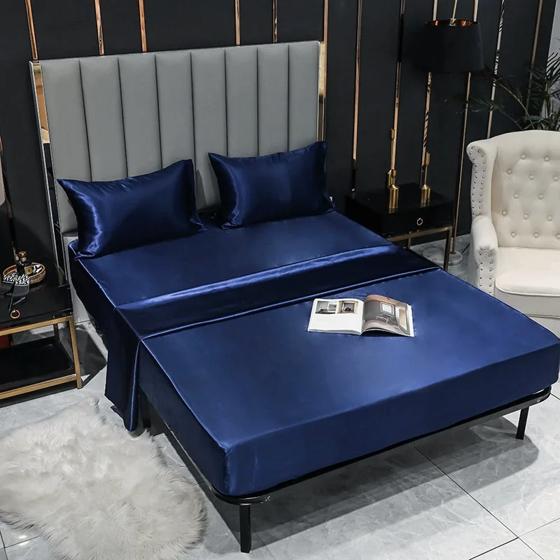 European Rayon Silk Satin Single Fitted Sheet Solid Smooth Bed Cover with Elastic Band Non Fading Comfortable Home Textile