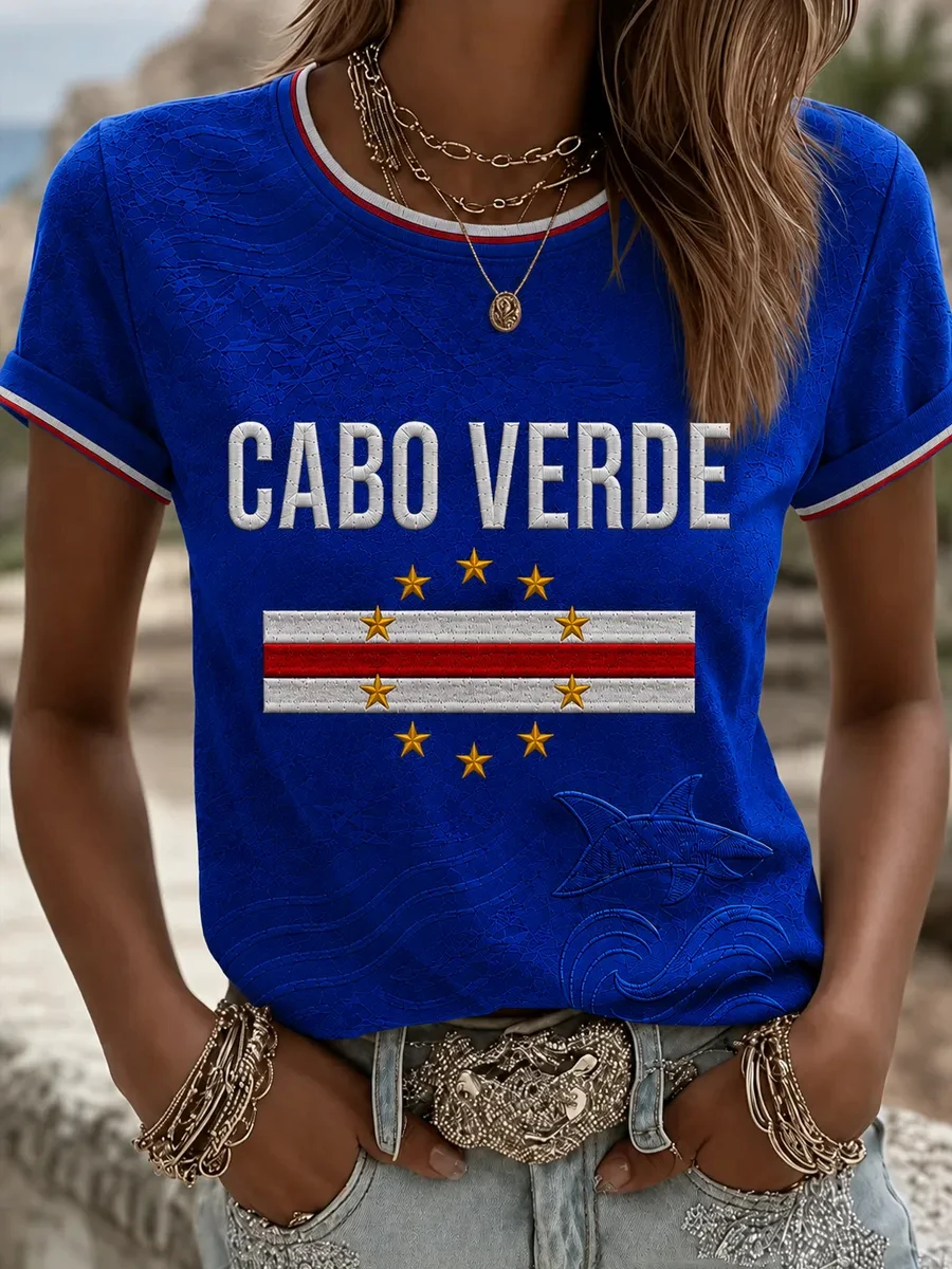Women's Gift For Cape Verde Football Fans Print Casual Short Sleeve O-Neck T-shirt Football Cultural T-shirt