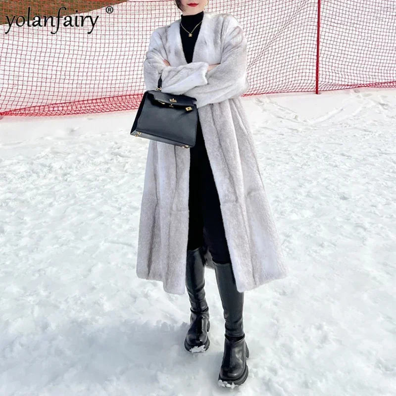 Abrigo de piel de visón auténtica con cruz plateada, abrigos y chaquetas largos hasta la rodilla para mujer, ropa de piel con cuello en V, chaqueta de invierno con cordones para mujer F