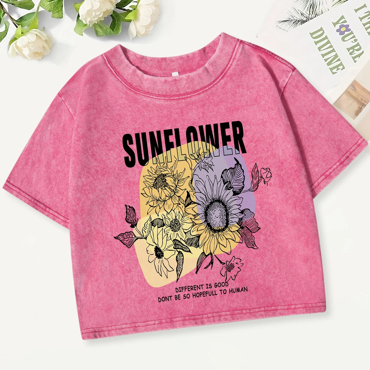 

Many Sunflower Prints Washed Crop T-Shirts Female Retro Breathable Cotton T-Shirt Summer Slim Clothing Crewneck Sport Tee Tops