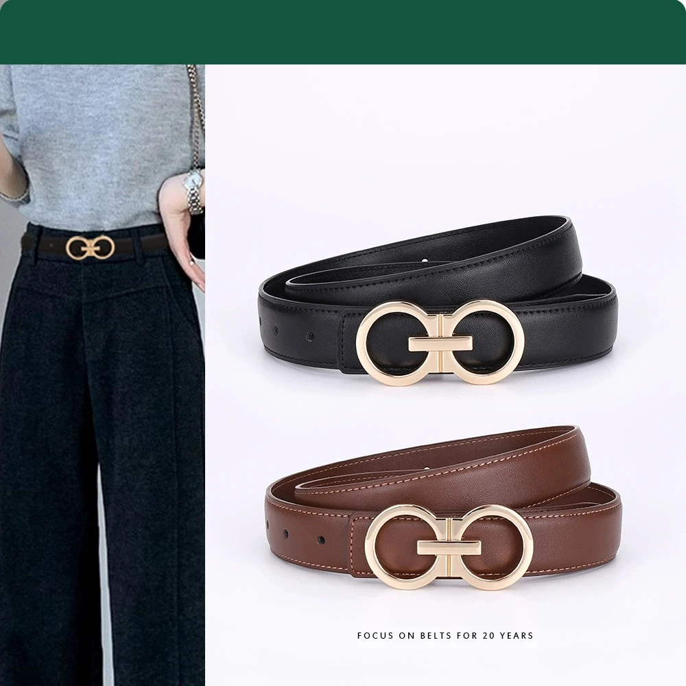 New Stylish Smooth Buckle Women's Leather Belt, Korean Style Elegant Versatile Trendy Premium Cowhide Trouser Belt