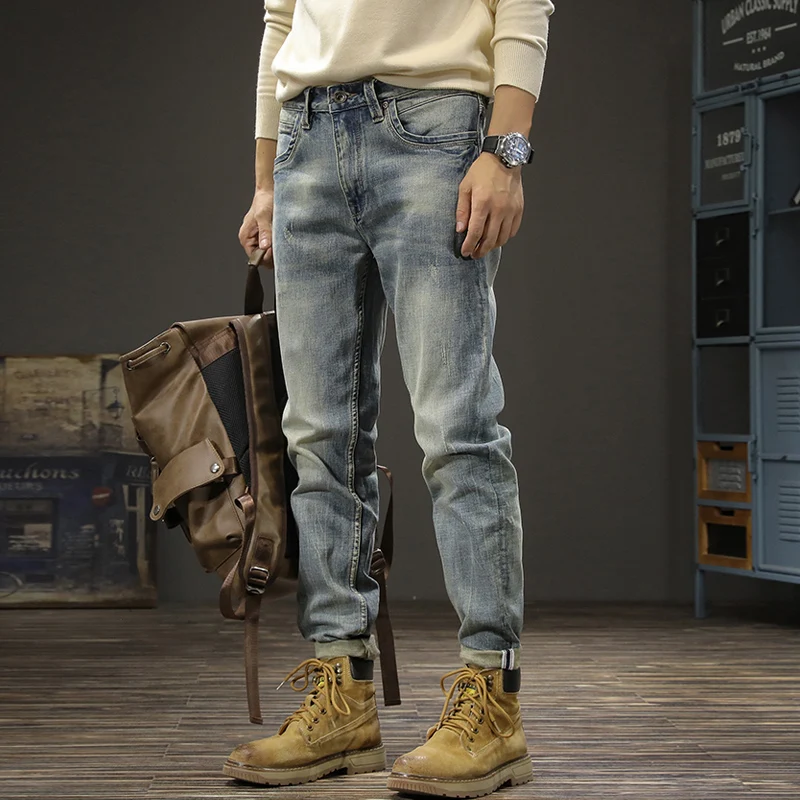 Newly Designer Fashion Men Jeans Retro Blue Elastic Slim Fit Ripped Jeans Men Trousers Italian Style Vintage Denim Pants Hombre