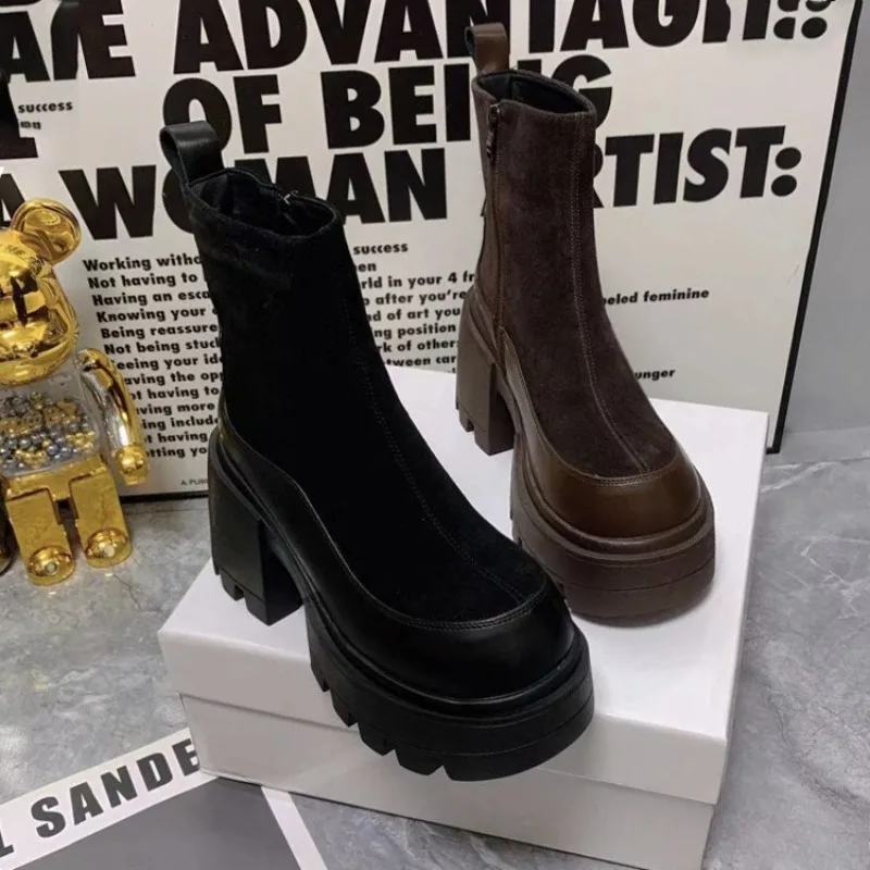 

New Retro Women Shoes Fashion Britain Platform Ankle Boots for Woman Exquisite Plush Warm Winter Shoe Designer Shoes Botas Mujer