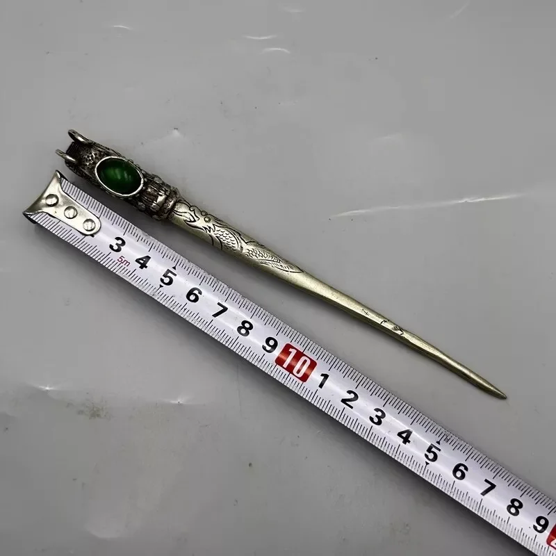 Green Jade Inlaid Old Tibetan Silver Hairpin,Chinese Old Craft Made Dragon hairpin