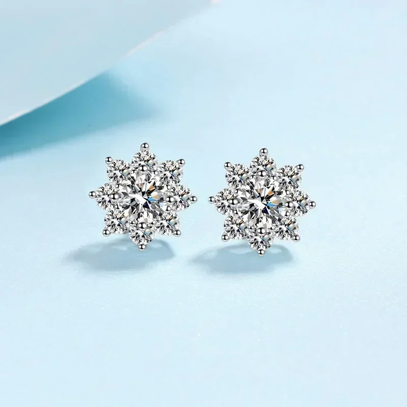 Luxury Platinum PT950 Sun Flower Stud Earrings for Women,  Moissanite Diamond Unusual Halo Earring Solitaire Wedding Jewelry