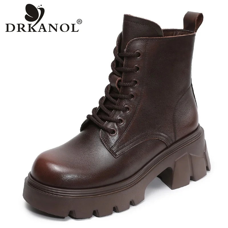DRKANOL British Style Platform Ankle Boots For Women 2026 Winter Warm Thick High Heel Retro Casual Genuine Leather Short Boots