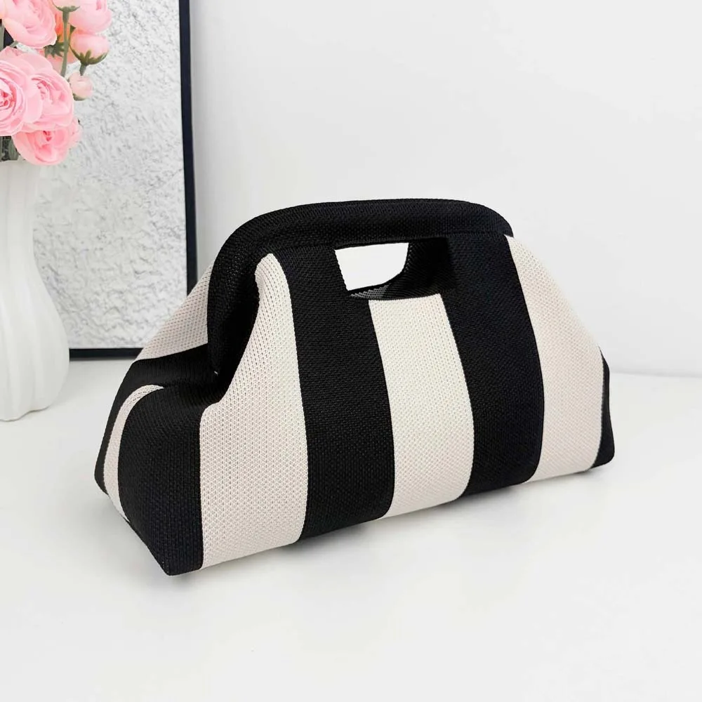 Woven Knit Handbag Lightweight Handmade Contrast Color Purse Flexible Durable Cutout Handle Clutch Commuting