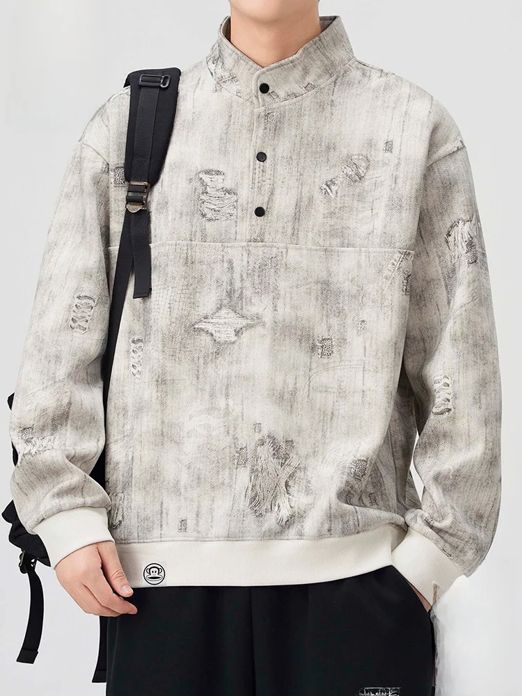 

Casual Loose Long Sve Dyed Sweatirt for Men Monkey Henry Collar Autumn Comfortable Cotton Polyester Blend Swe...