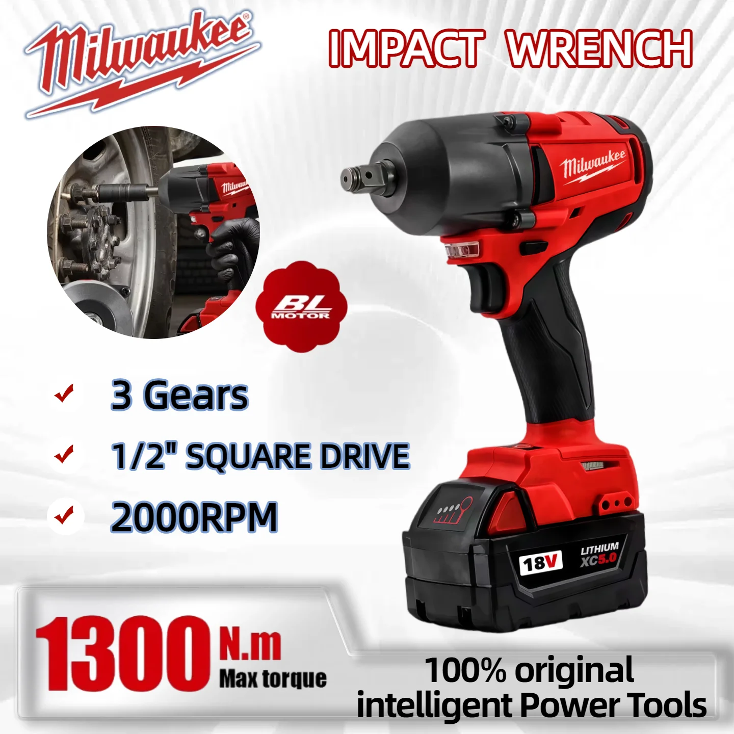 ميلووكي 18 فولت 1300 نانومتر مفتاح كهربائي لاسلكي عزم دوران كبير فرش تأثير وجع سيارة شاحنة إصلاح أدوات كهربائية