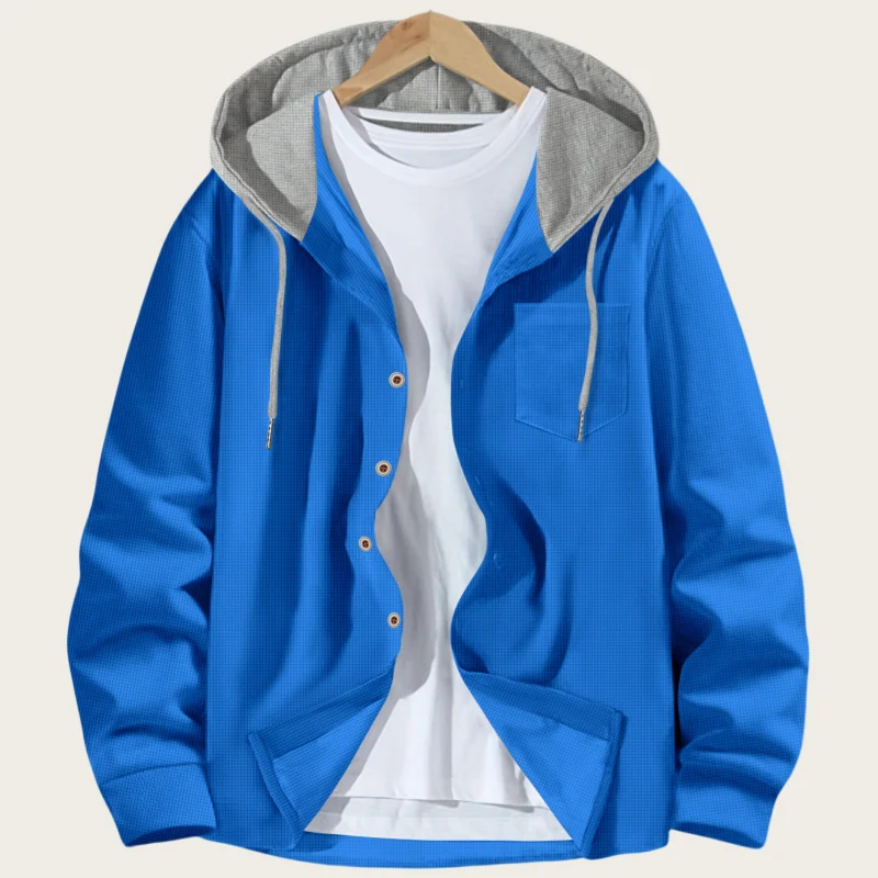 Korean Waffle Hooded Cardigans for Men Spring Autumn Contrast Color Single Breasted Hoodies Breathable Casual Lightweight Jacket