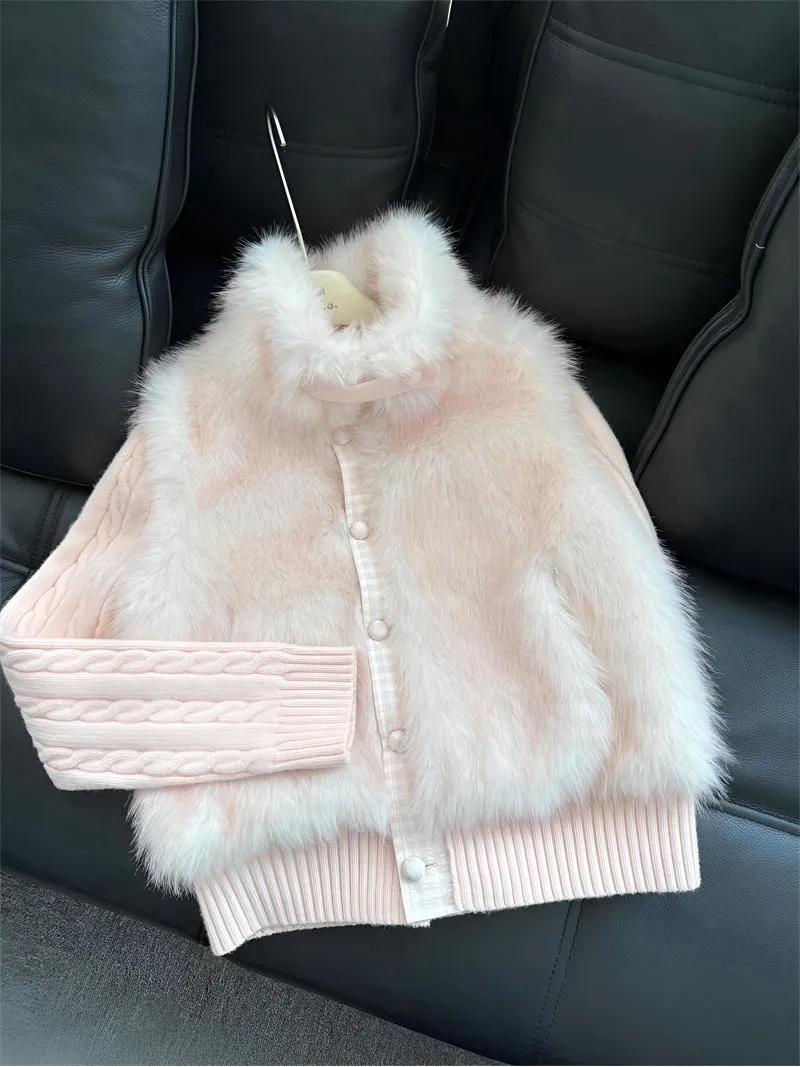 Sweet Girl Autumn Winter Plush Splicing Knitted Cotton Jacket Soft Style Cotton Coat Outerwear Trendy Brand Teenage Girls