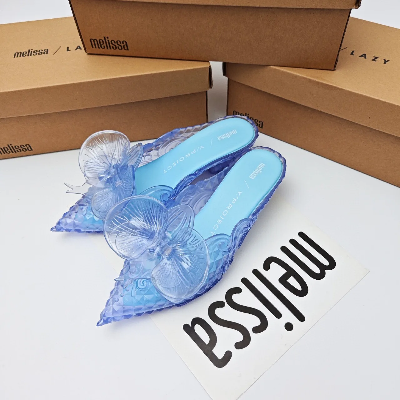 Melissa Summer Fashion Design Women\'s Shoes Embossed 3D Pointed Shoes Witch Shoes Ladies Retro Low Heel Slippers Party Shoes