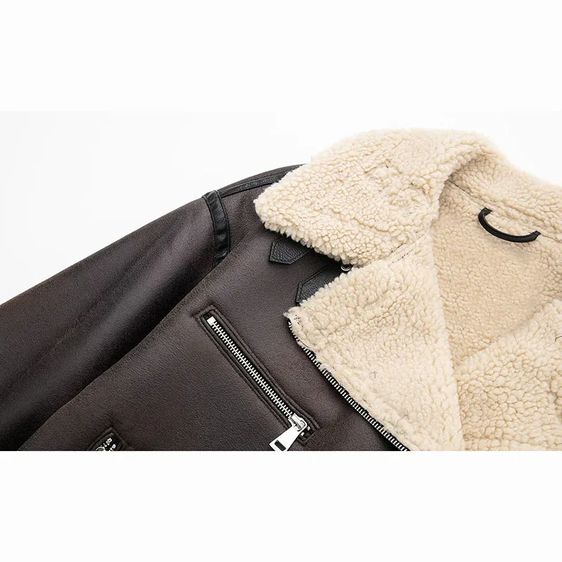 Vintage Women Short Faux Lamb Wool Leather Jacket With Belt Winter New Korean Casual Lapel Long Sleeve Thick Warm Female Outwear