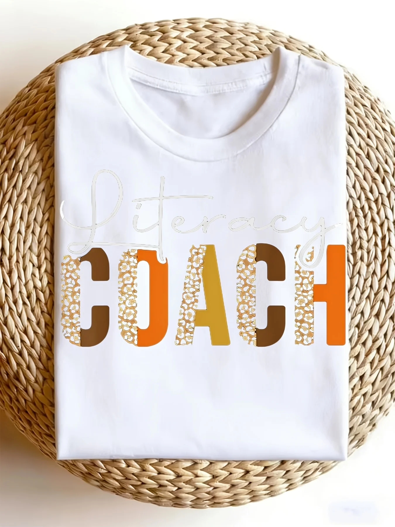 T-Shirt, White Casual Short Sleeve, Leopard Print Accent Literacy Coach Graphic, Soft Breathable Fabric, Suitable for Daily Wear, for Teenager