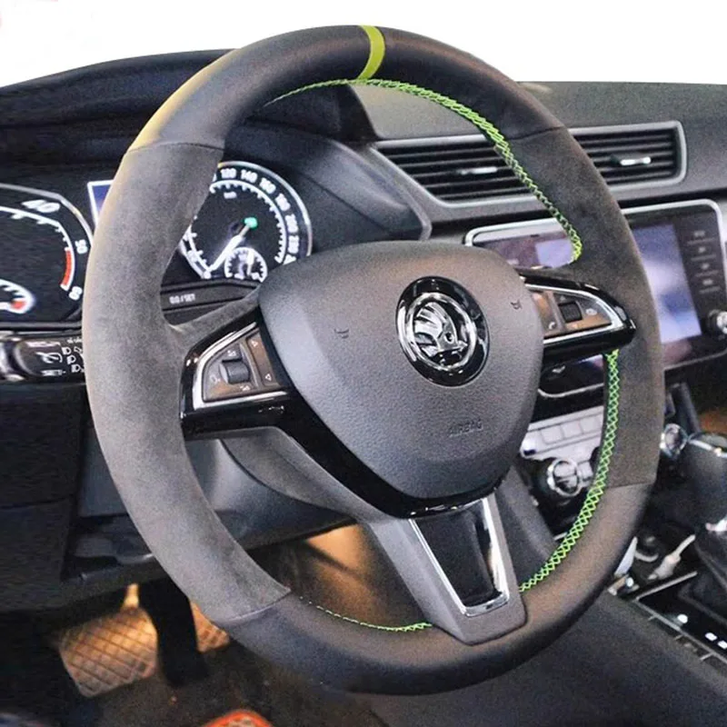 Hand-Stitched Genuine Leather Suede Car Steering wheel Cover For Skoda Octavia 2017 Fabia 2016 2017 Rapid Spaceback 2016