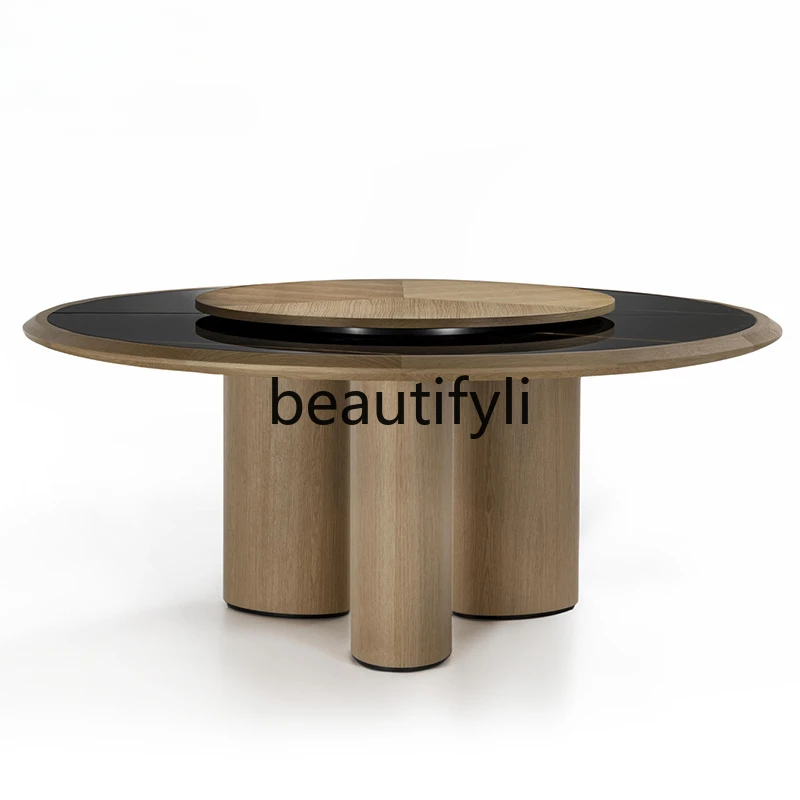 

New modern simple log round dining table Italian minimalist built-in special-shaped round table with turntable dining table
