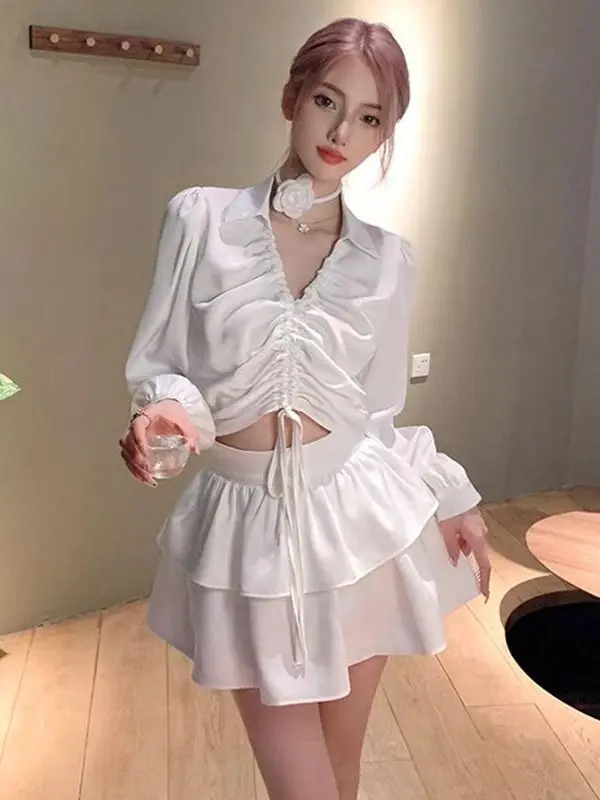 

Spring Autumn White Drawstring Pleated Women's Shirt Long Sleeve V-Neck Slimming Short Style Casual Fashion Design Sense