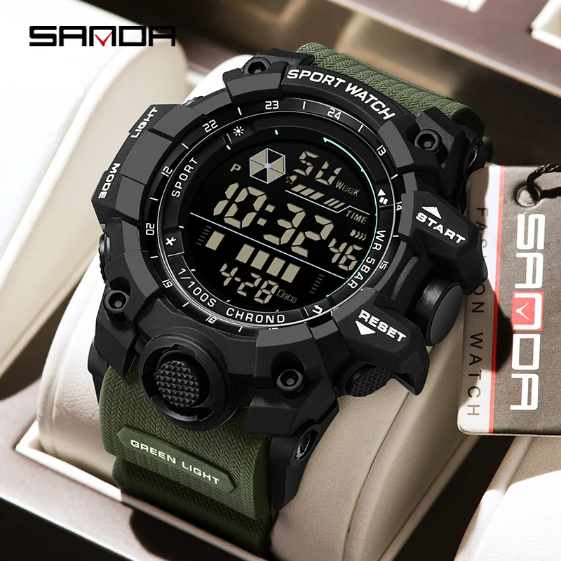 

SANDA 6229, модные мужские электронные часы, многофункциональные светящиеся календари, спортивные водонепроницаемые противоударные цифровые часы для мужчин