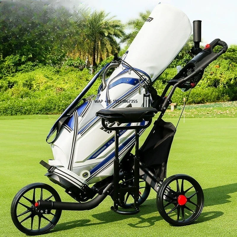 

PGM QC007 High Quality 3 Wheels Foldable Manual Push Cart Golf Push Trolley with Seat Ice Packs Umbrella Holder