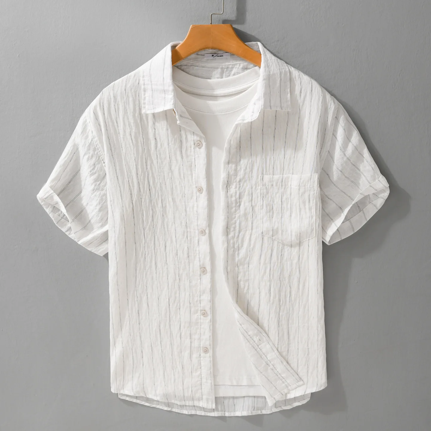 

Cotton Linen Blend Men's Summer Thin Breathable Vertical Stripe Casual Short Sleeve Shirt Comfortable Fit Pocket Design