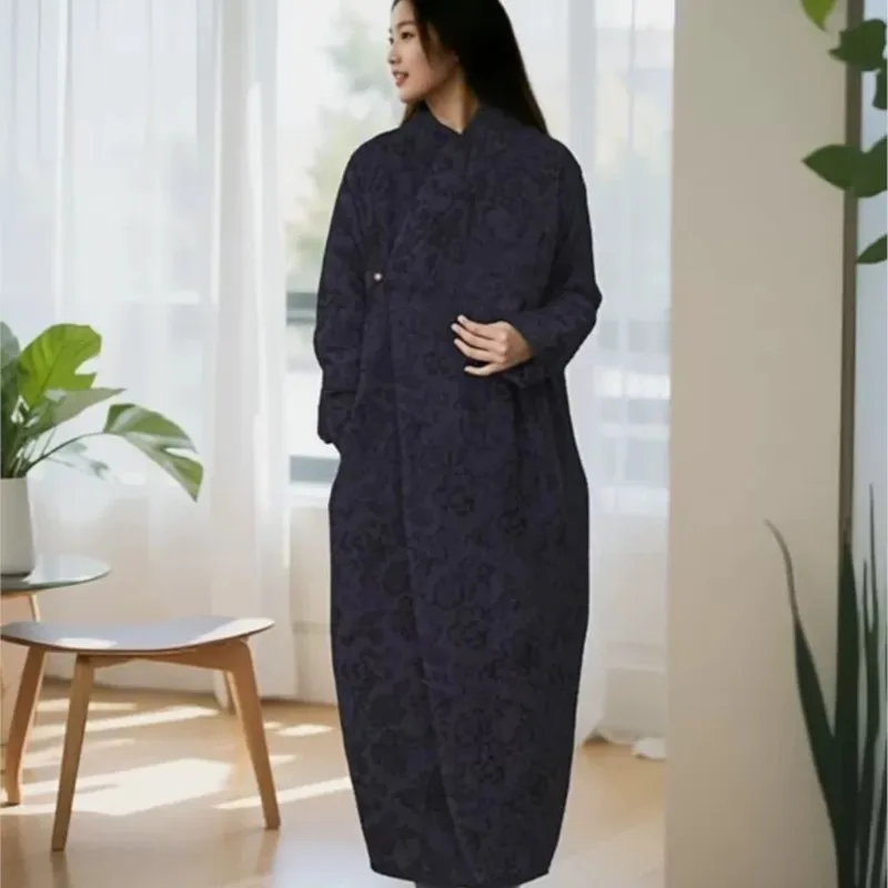 Chinese Vintage Hanfu Jacquard Cotton Linen Long Robe Women's One Button Jacket Japanese Kimono Style Warm Quilted Winter Coat