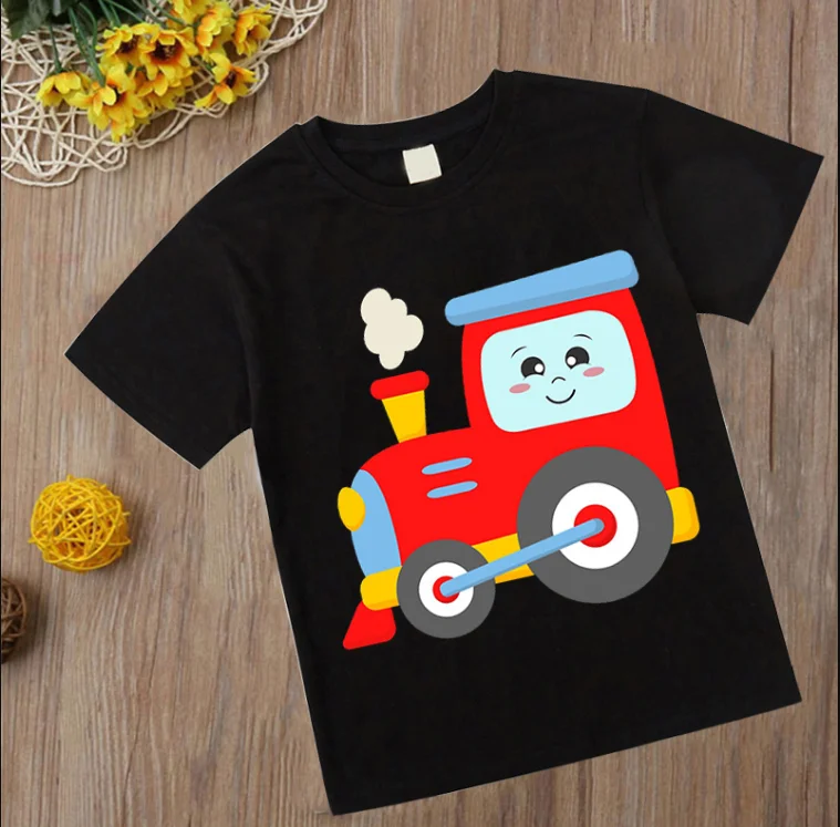 Camisetas de excavadoras y bomberos para niños, ropa de bebé, disfraz de locomotora, dibujos animados de coche, 2024