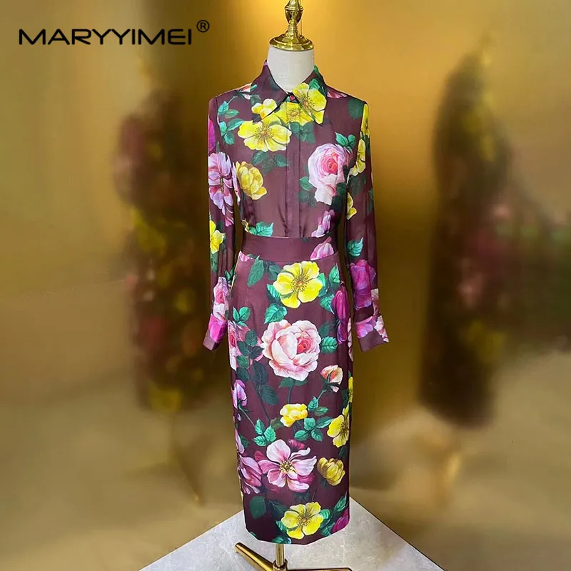 

MARYYIMEI Fashion Women's Vintage Silk Single-Breasted Turn-Down Collar Printed Shirt Top+Pencil Hip Wrap Half Skirt Two-Piece