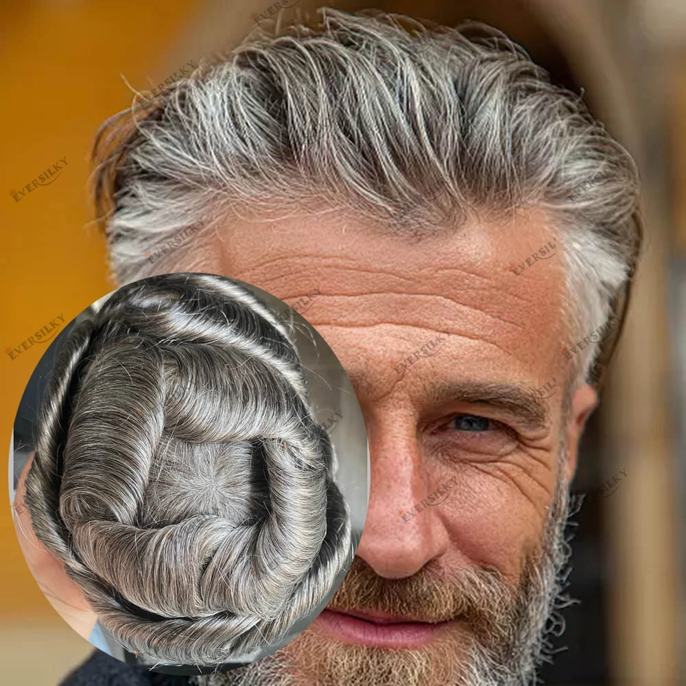 

1B30 1B50 Искусственный парик из натуральных человеческих волос для пожилых мужчин, серый, 30 мм, волнистый, с естественной линией роста волос, легко надевается, 0.1 мм, полиуретановая основа
