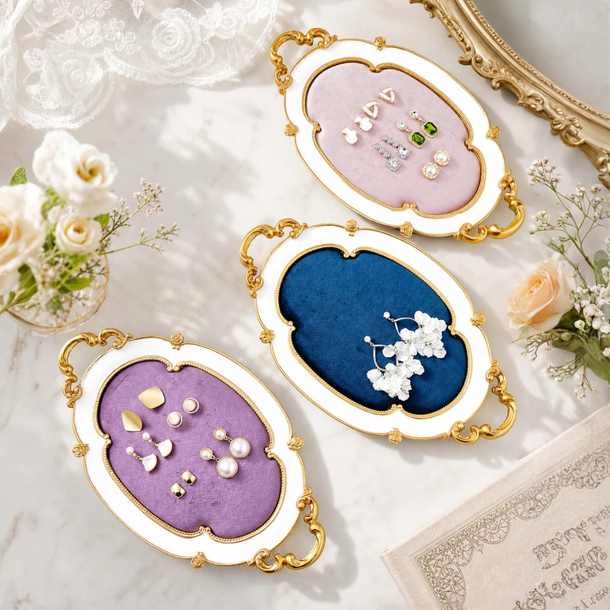 1PC, European-style White Gilded Velvet Jewelry Storage Tray, Jewelry Display Tray, Jewelry Storage Tray