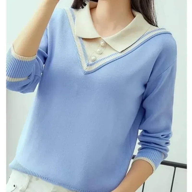 Doll Collar Pullover Sweater Women 2024 Autumn Winter New Spliced Button Fashion Slim Loose Minimalist Long Sleeved Knitted Top