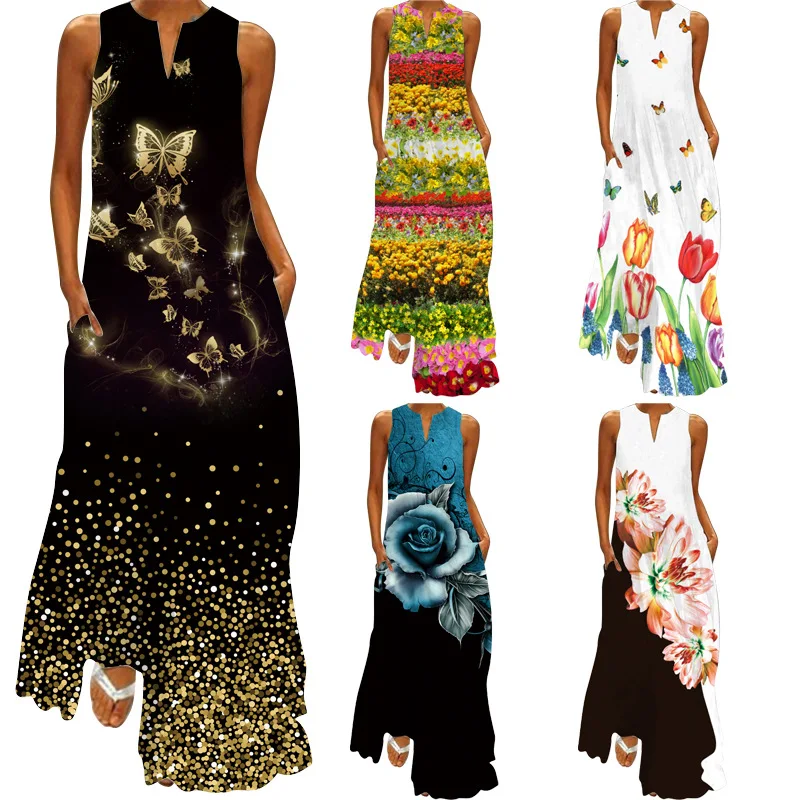 Women's V-Neck Sleeveless Maxi Dress, 3D Print, Floor Length Sundresses, Loose African, Elegant Pocket, Beach, Behemian, Summer,