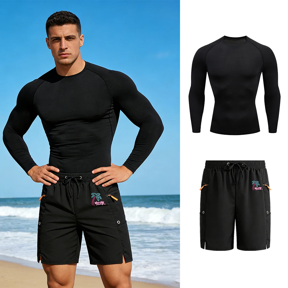 

Men's Surfing Suit Summer Casual Sports Suit Quick Drying Long Sleeved Shirt And Drawstring Athletic Shorts Suitable For Fitness