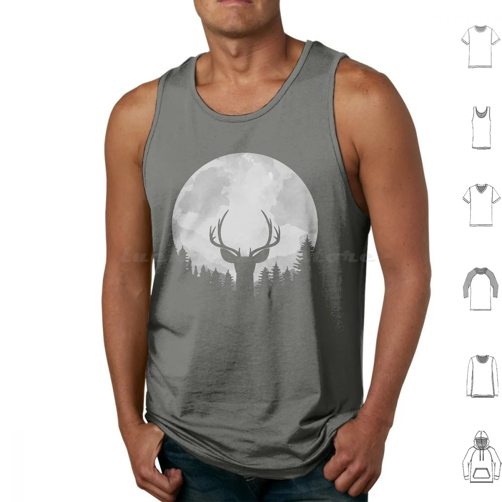 Deer In The Moonlight Tank Tops Print Cotton Zaakeedee Deer Moonlight Silhouette Night Moon Stag Antlers Shadow Forest