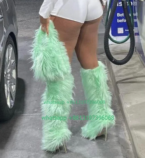 Lady ice green color fur design knee boots sliver heel solid design feather party dance dress punk boots high heels size 35-46