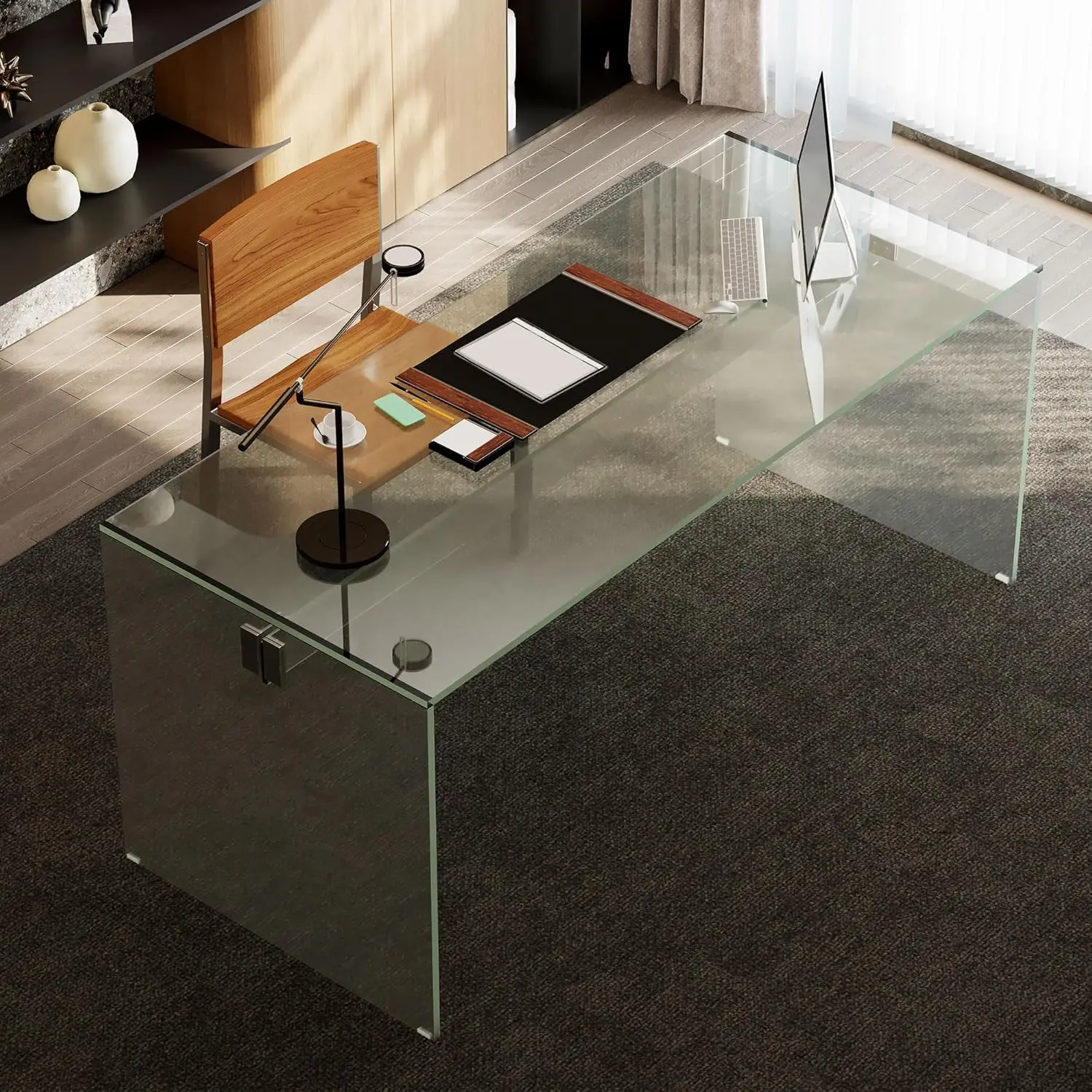 

Стол для руководителя 53 дюйма со стеклянной столешницей и ящиком, черная деревянная основа и стеклянные ножки, минималистичный стол для домашнего офиса, на заказ